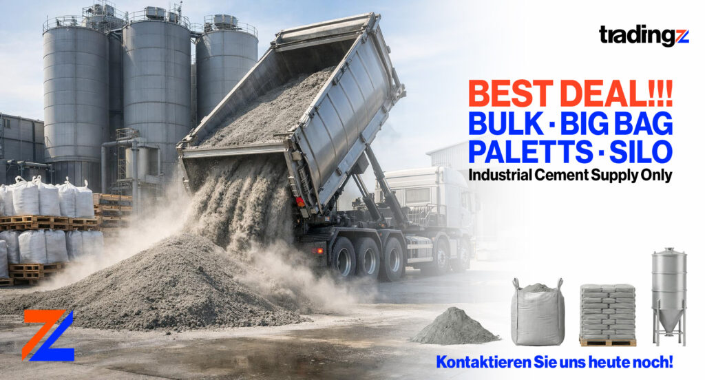 Industriezement Lieferung – Großmengen Zement für Bauprojekte, Infrastruktur und industrielle Anwendungen in Bulk, Big Bags, Paletten oder Silo-Lieferung.