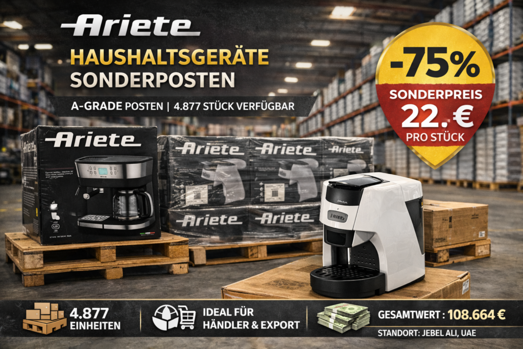 Ariete Haushaltsgeräte Sonderposten mit Kaffeemaschinen und Küchengeräten auf Paletten im Lager – 4.877 Stück verfügbar für Großhandel und Export.