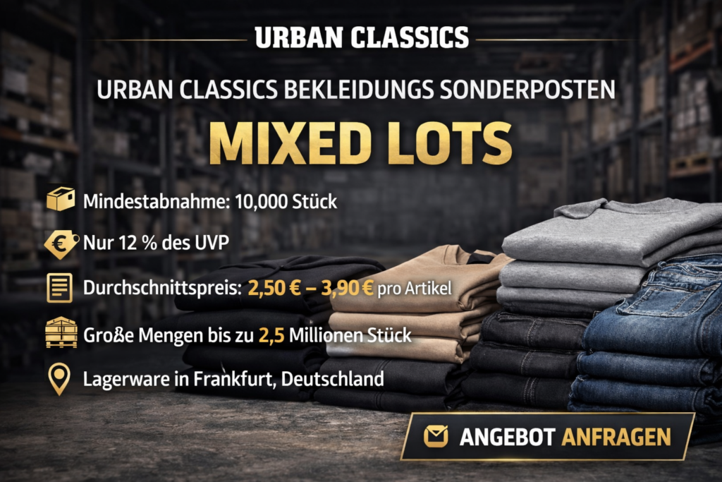 Urban Classics Kleidung Sonderposten – gemischte Bekleidungs-Posten mit Hoodies, Jeans und Sweatshirts in großen Stückzahlen für Großhandel und Export.