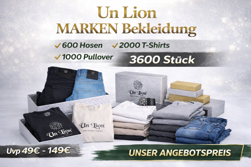 Un Lion Markenbekleidung Sonderposten – gemischter Bekleidungs-Posten mit Jeans, Pullovern und T-Shirts für Großhandel und Exportmärkte.
