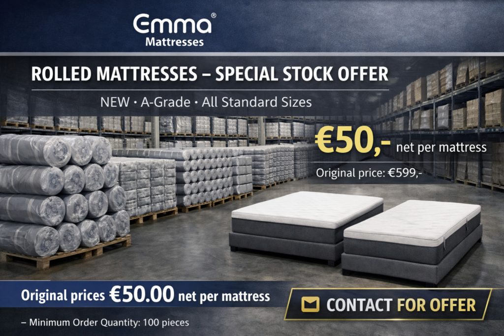 Emma Matratzen Sonderposten – gerollte Emma Matratzen (Roll-Pack) in A-Grade Qualität aus EU Lager für Großhandel und Exportmärkte.
