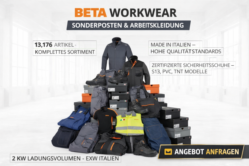 Beta Workwear Sonderposten – großes Sortiment an Arbeitskleidung und zertifizierten Sicherheitsschuhen aus Italien für Großhandel und Exportmärkte.
