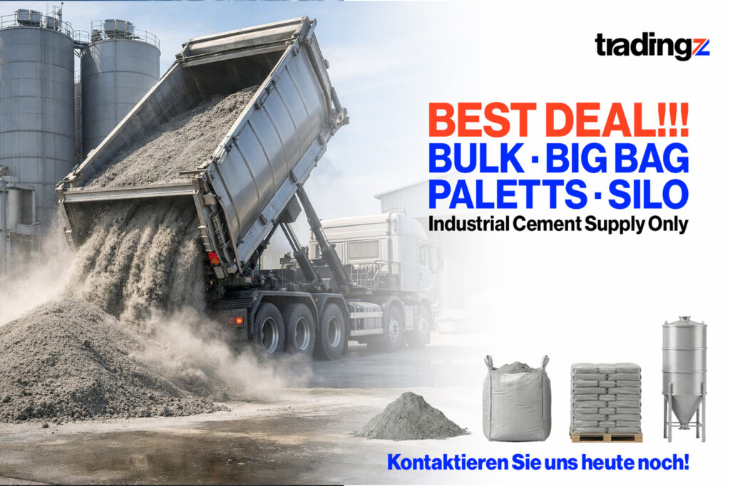 Industriezement Lieferung – Großmengen Zement für Bauprojekte, Infrastruktur und industrielle Anwendungen in Bulk, Big Bags, Paletten oder Silo-Lieferung.