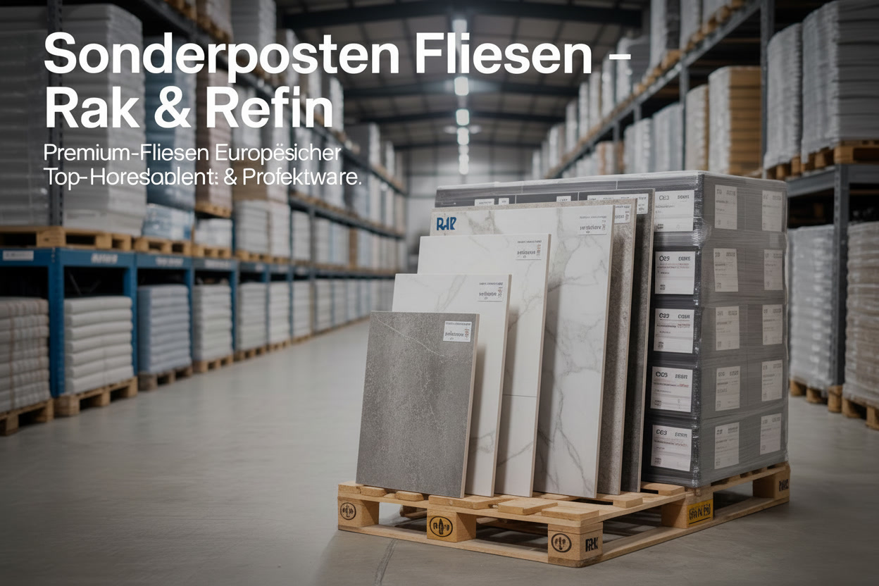Sonderposten Fliesen der Marken RAK Ceramics und Refin – Premium Keramikfliesen aus Projektüberbeständen und Lagerware für Großhandel, Bauprojekte und Export.